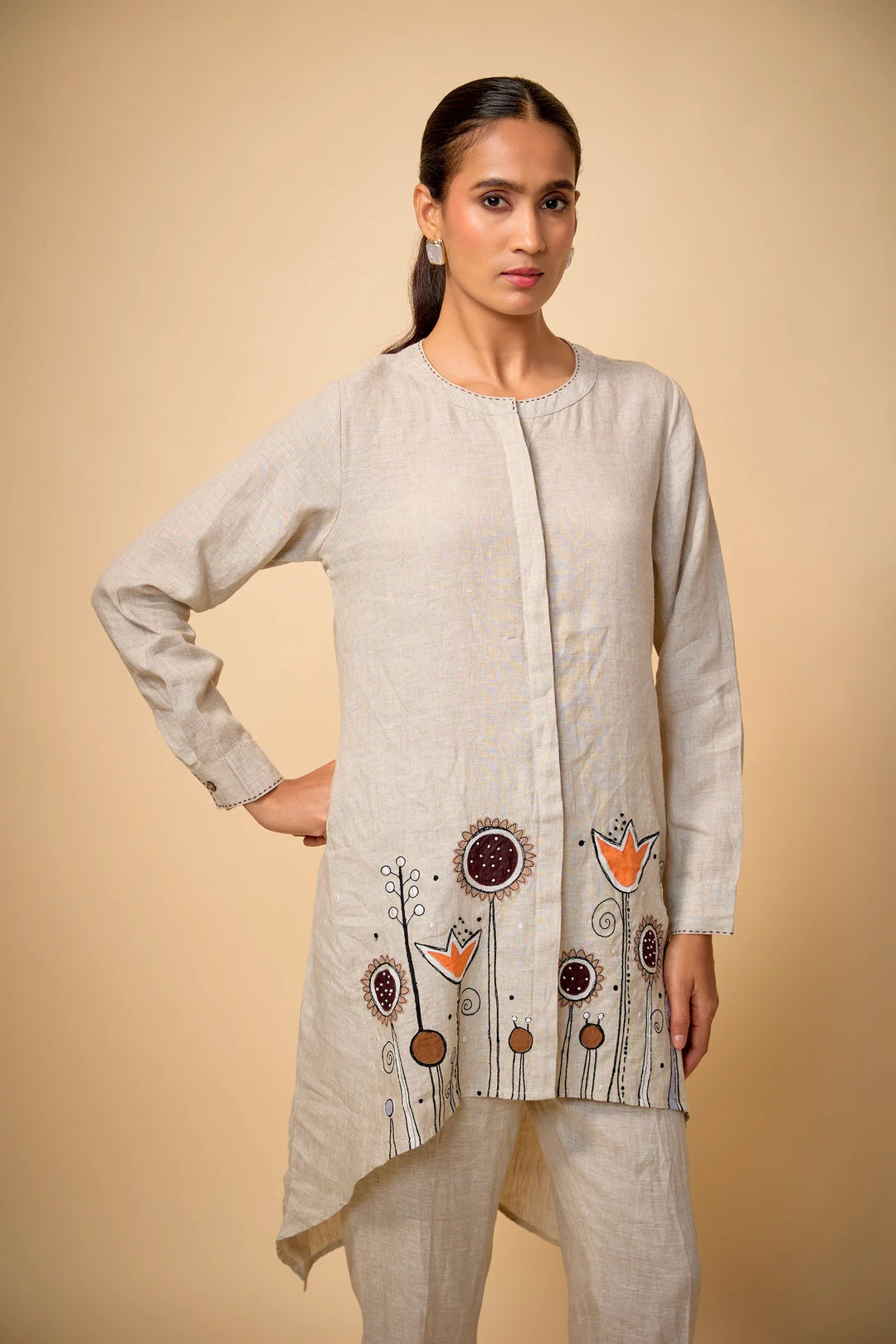 Pure Linen Beige Floral Highlow Embroidered Tunic Set