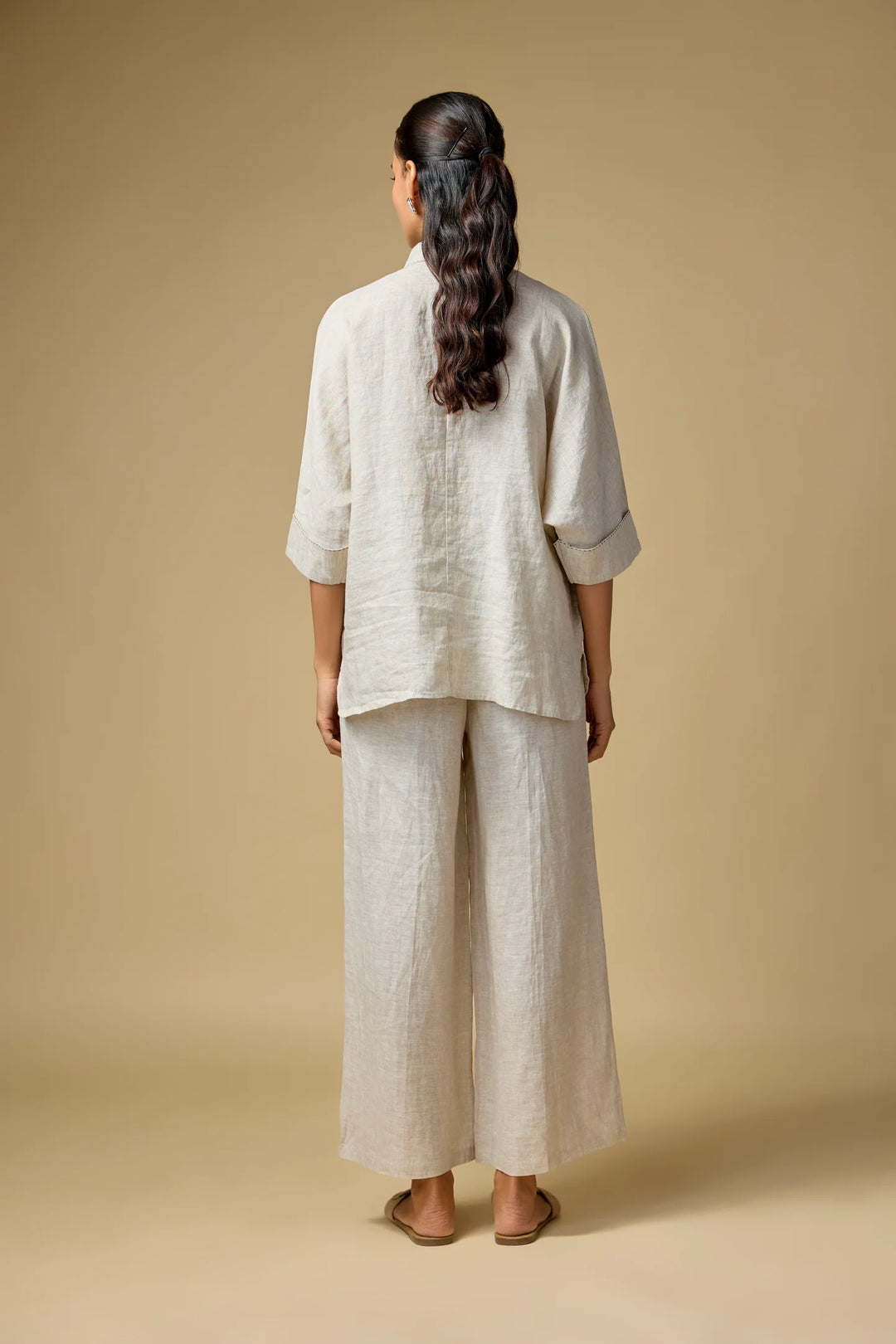 Pure Linen Beige Doodle Embroidered Shirt