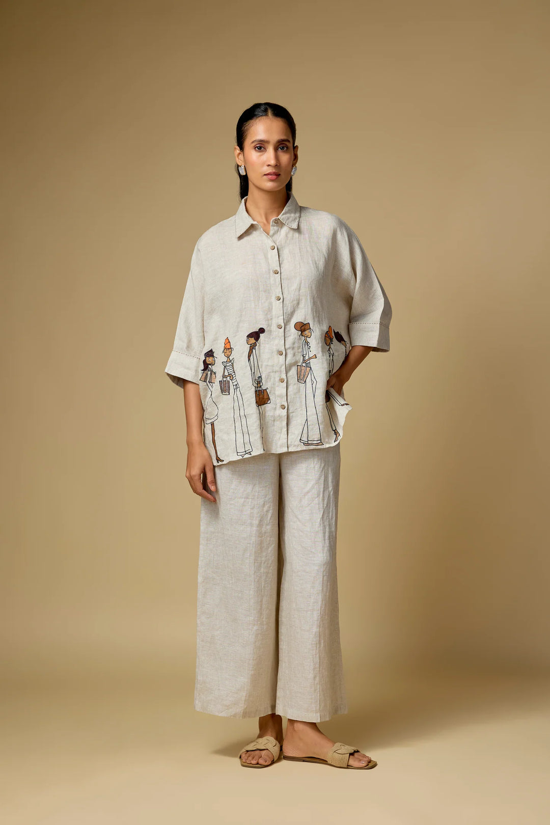Pure Linen Beige Doodle Embroidered Shirt