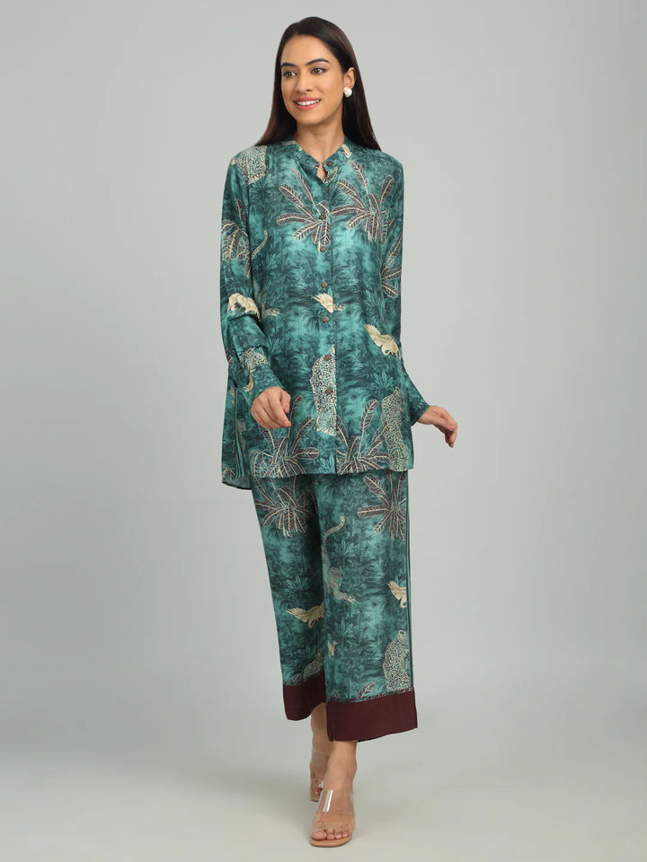 AZURE - Teal Blue & Maroon Print Co-ord Set