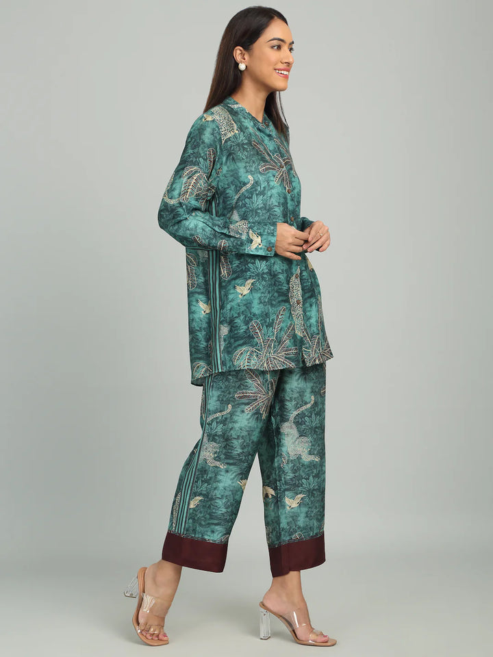 AZURE - Teal Blue & Maroon Print Co-ord Set