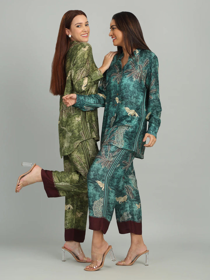 AZURE - Teal Blue & Maroon Print Co-ord Set