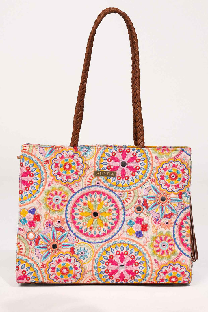 lily embroidered multicolor box tote bag