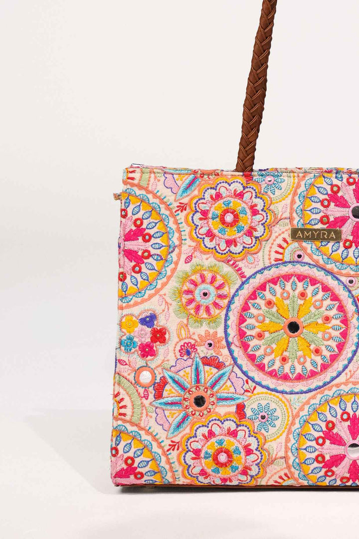 lily embroidered multicolor box tote bag