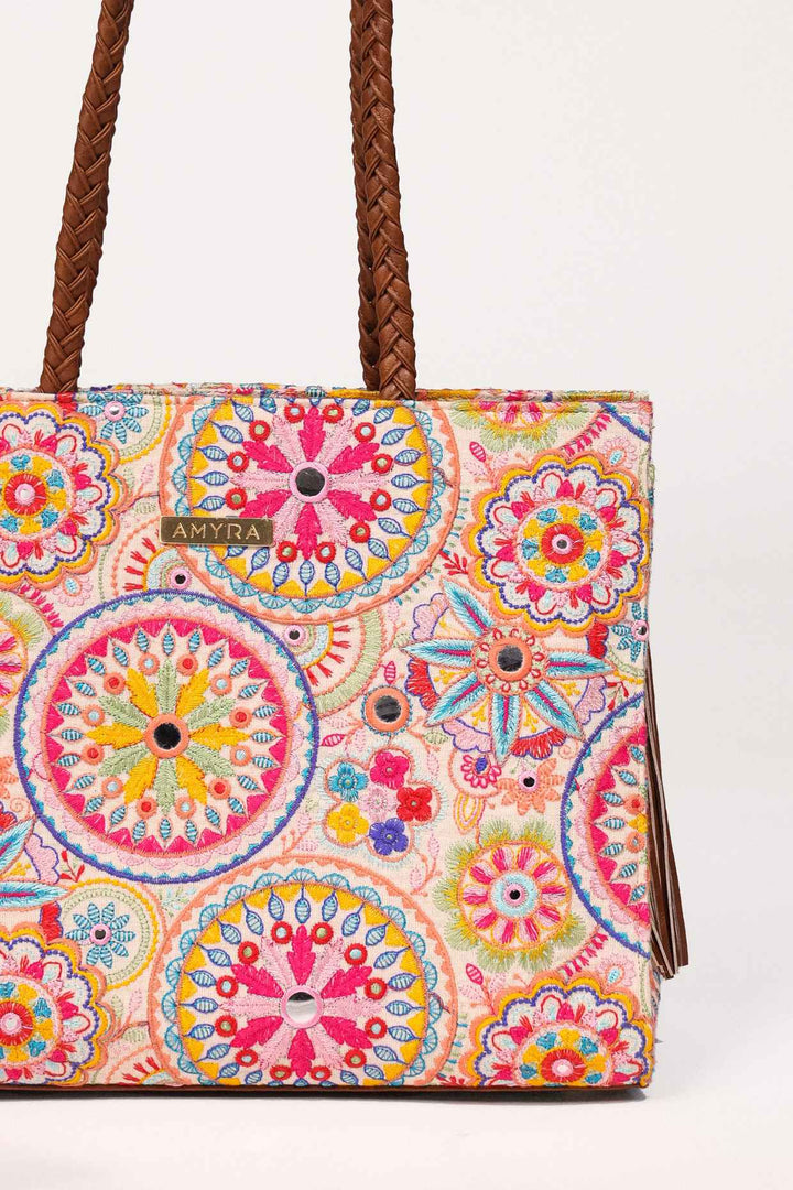 lily embroidered multicolor box tote bag