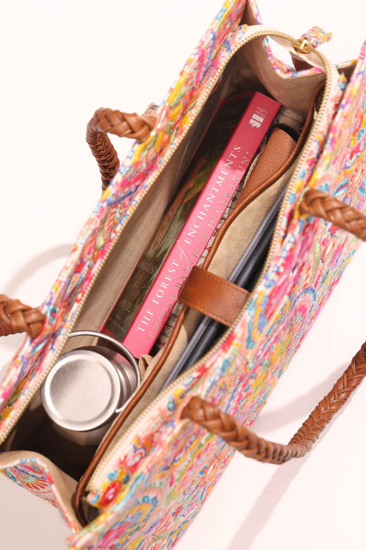 lily embroidered multicolor box tote bag