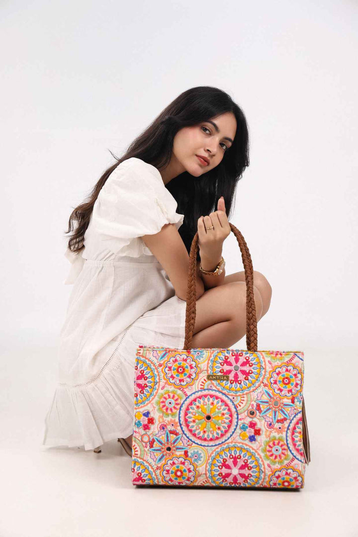 lily embroidered multicolor box tote bag