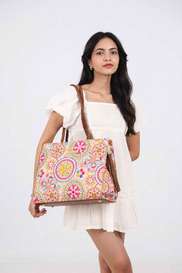 lily embroidered multicolor box tote bag