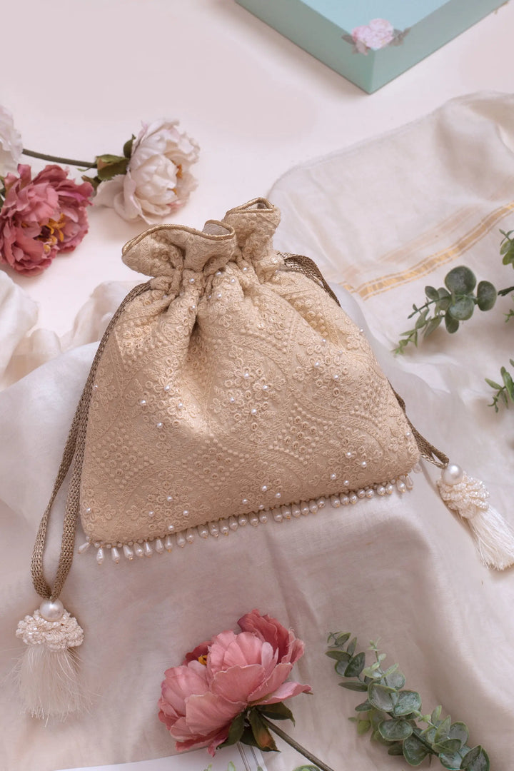 Oyster Beige Pearl Embroidered Silk Potli Bag