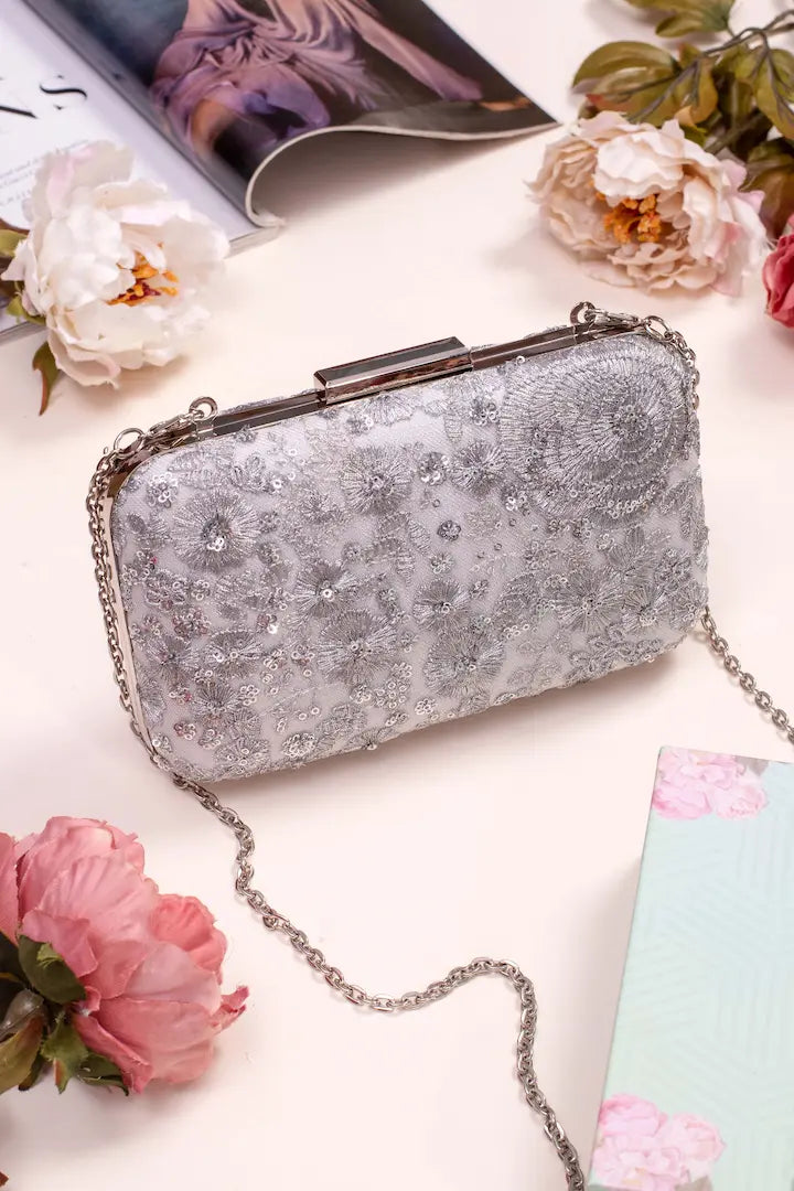 Silver Embroidered Box Clutch