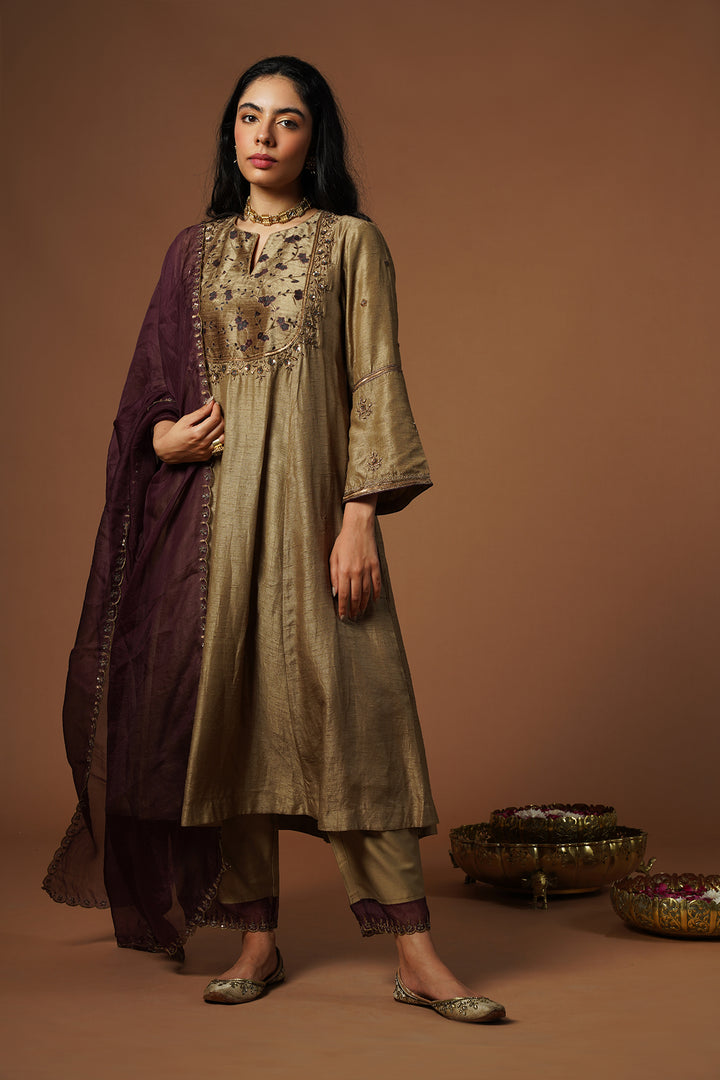 beige gold kalidar kurta with embroidered velvet yoke and sleeves