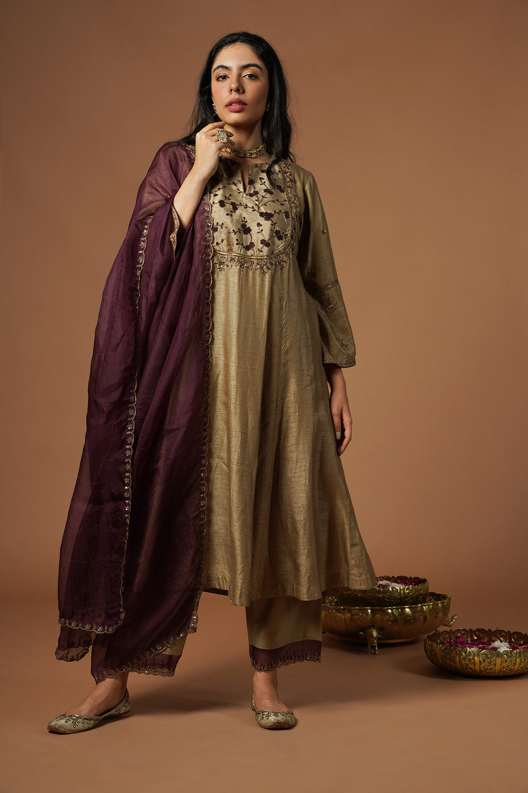 beige gold kalidar kurta with embroidered velvet yoke and sleeves