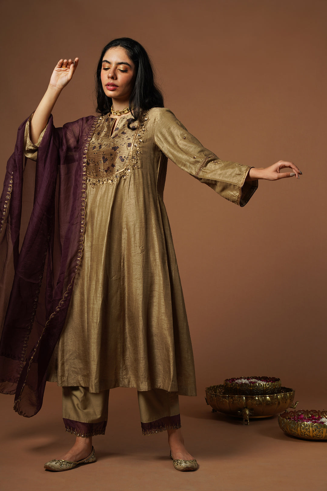 beige gold kalidar kurta with embroidered velvet yoke and sleeves