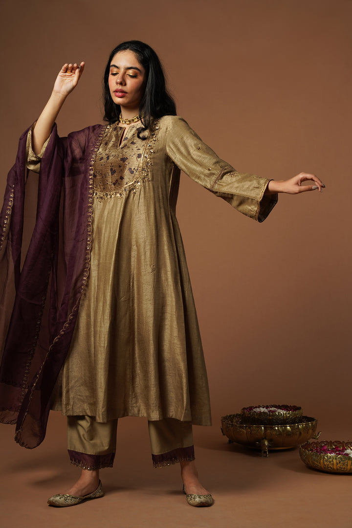 beige gold kalidar kurta with embroidered velvet yoke and sleeves