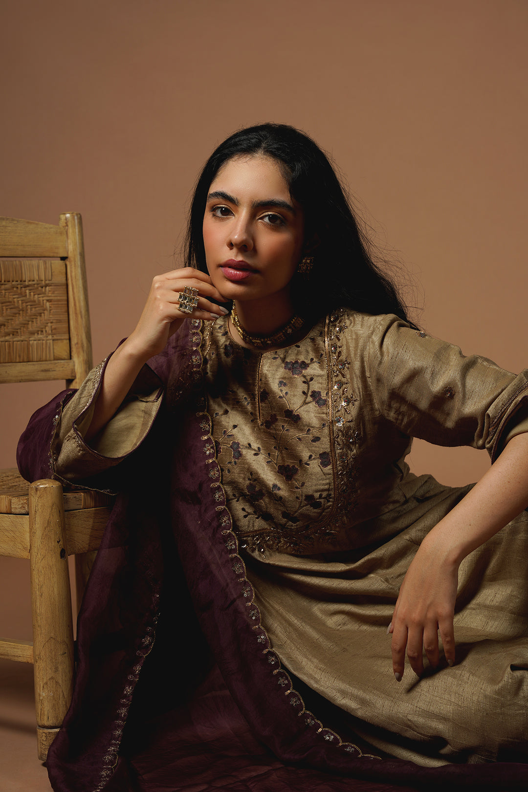 beige gold kalidar kurta with embroidered velvet yoke and sleeves