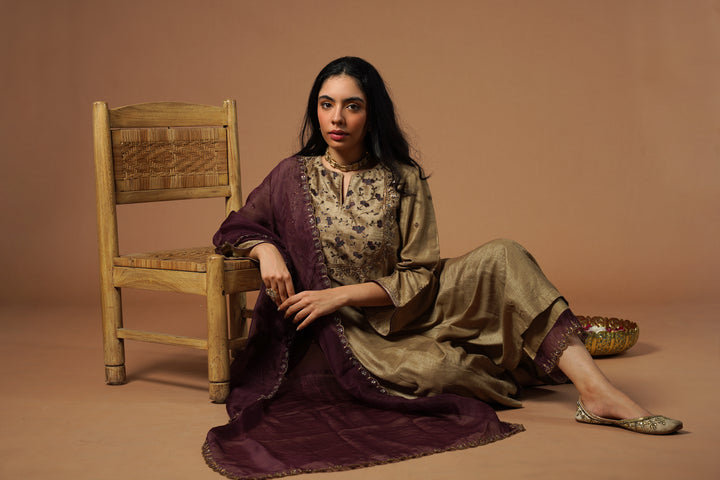 beige gold kalidar kurta with embroidered velvet yoke and sleeves