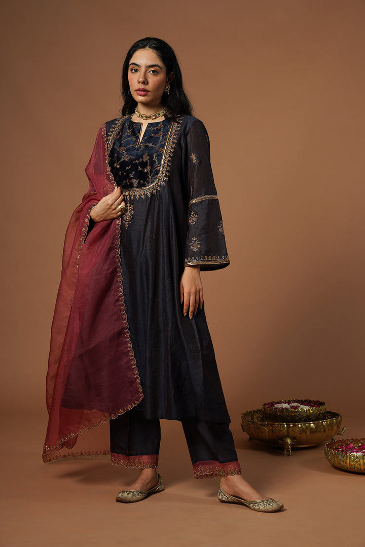 navy kalidaar kurta with embroidered velvet yoke and sleeves