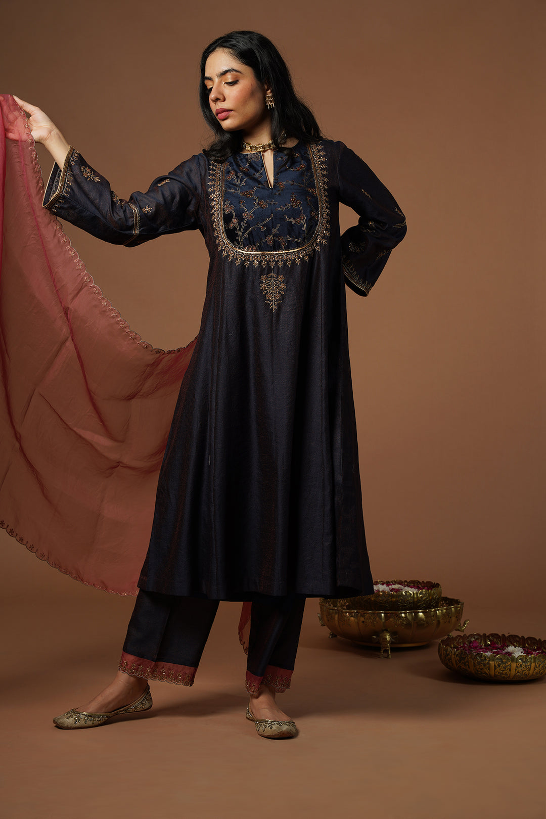 navy kalidaar kurta with embroidered velvet yoke and sleeves