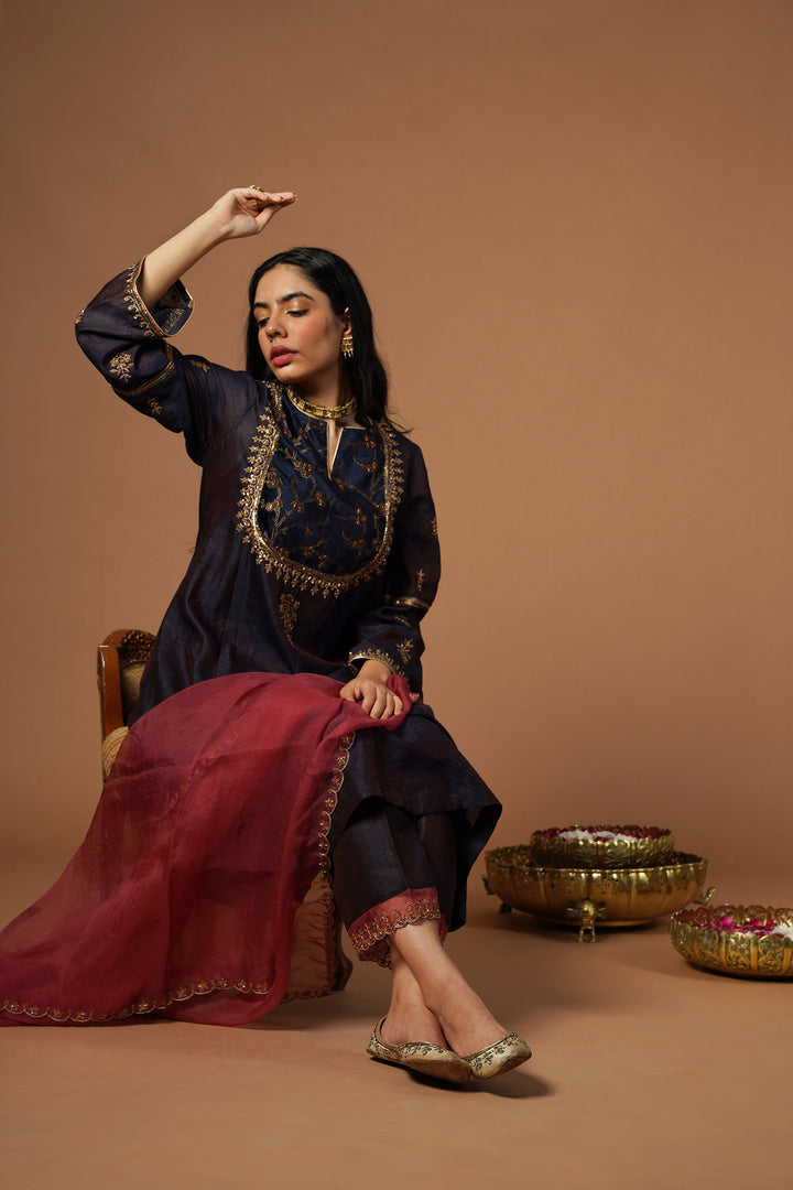 navy kalidaar kurta with embroidered velvet yoke and sleeves