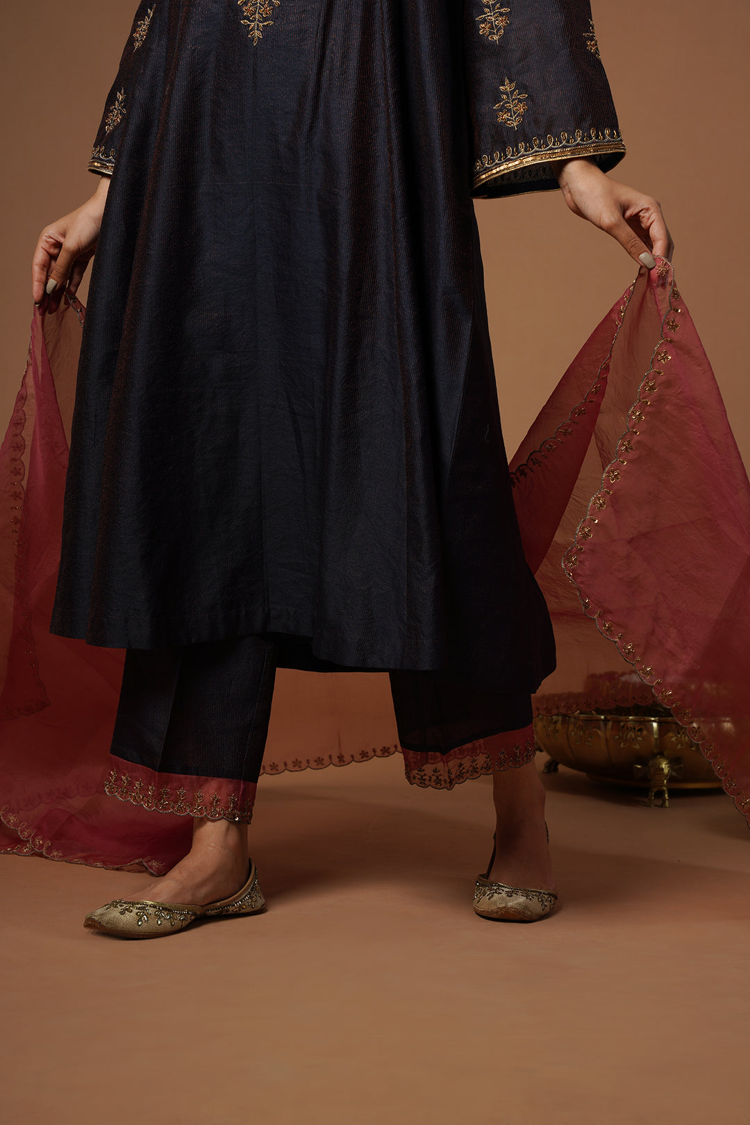 navy kalidaar kurta with embroidered velvet yoke and sleeves