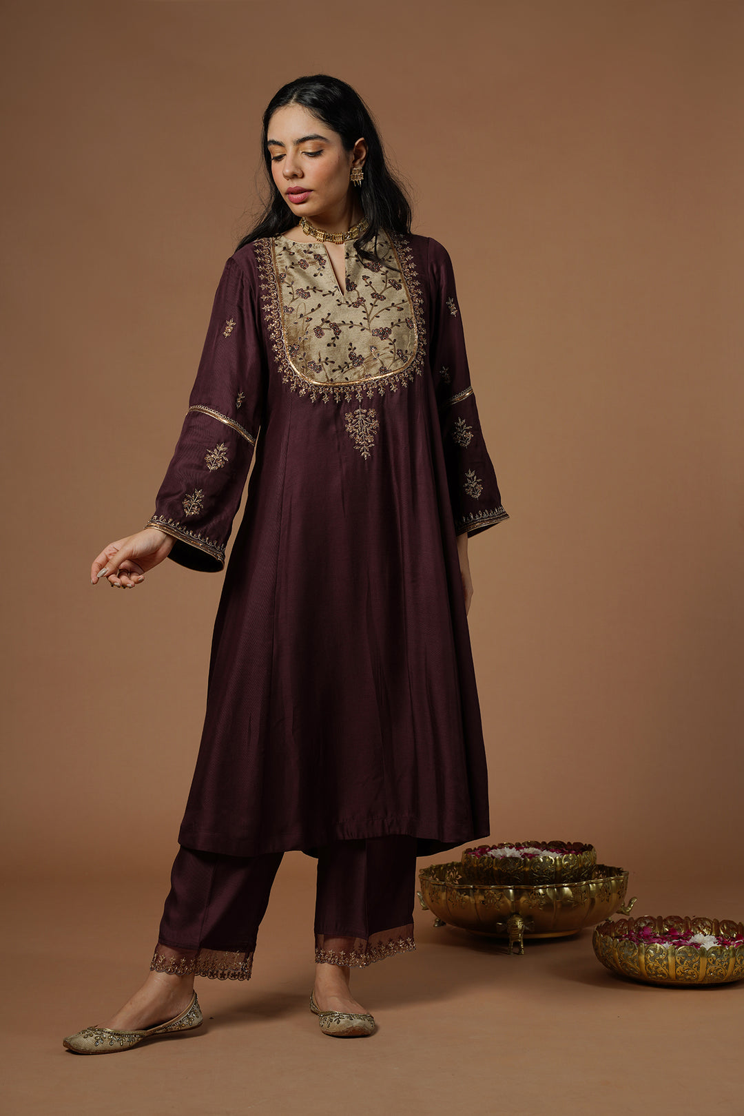 wine kalidar with embroidered velvet yoke and sleeves