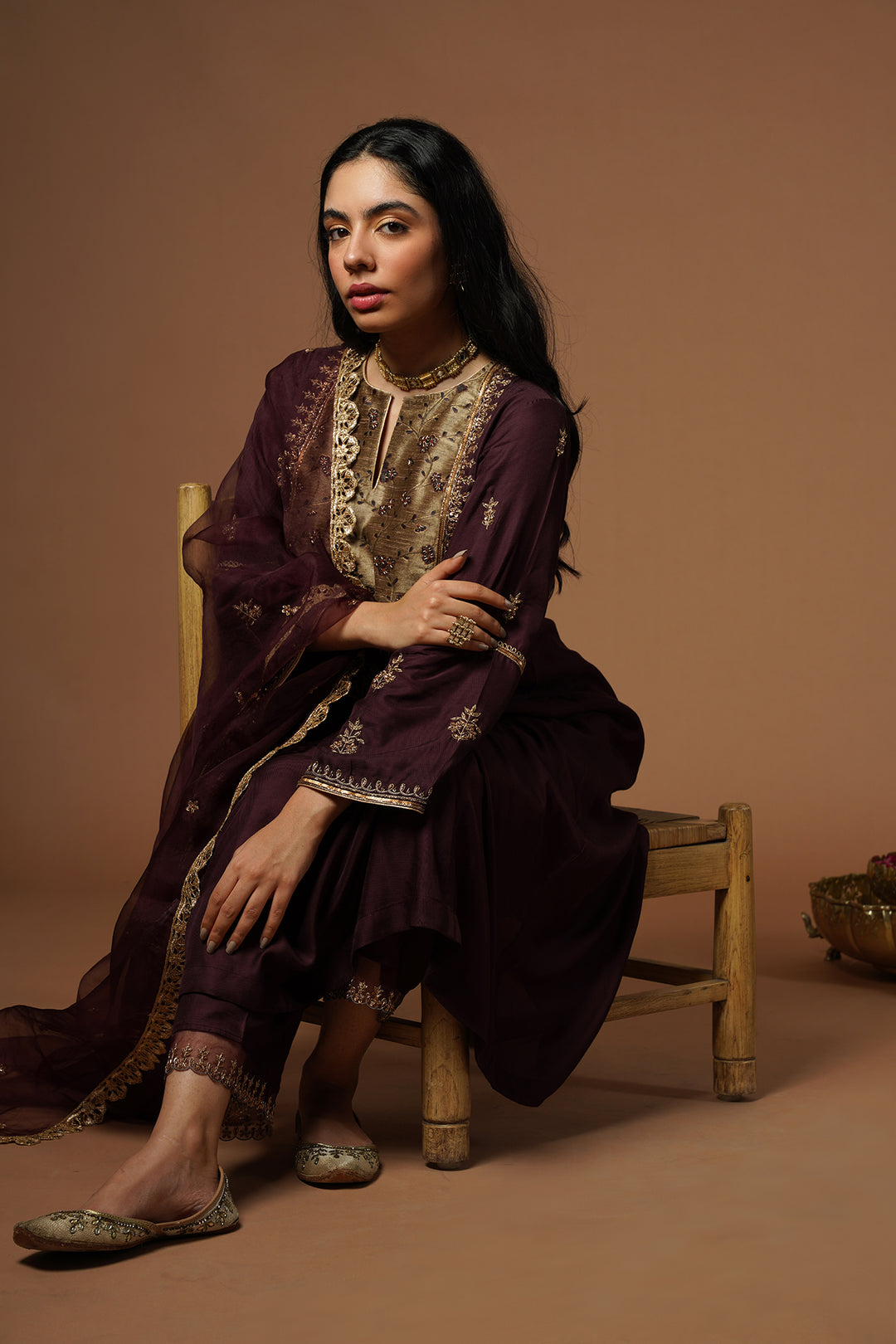 wine kalidar with embroidered velvet yoke and sleeves