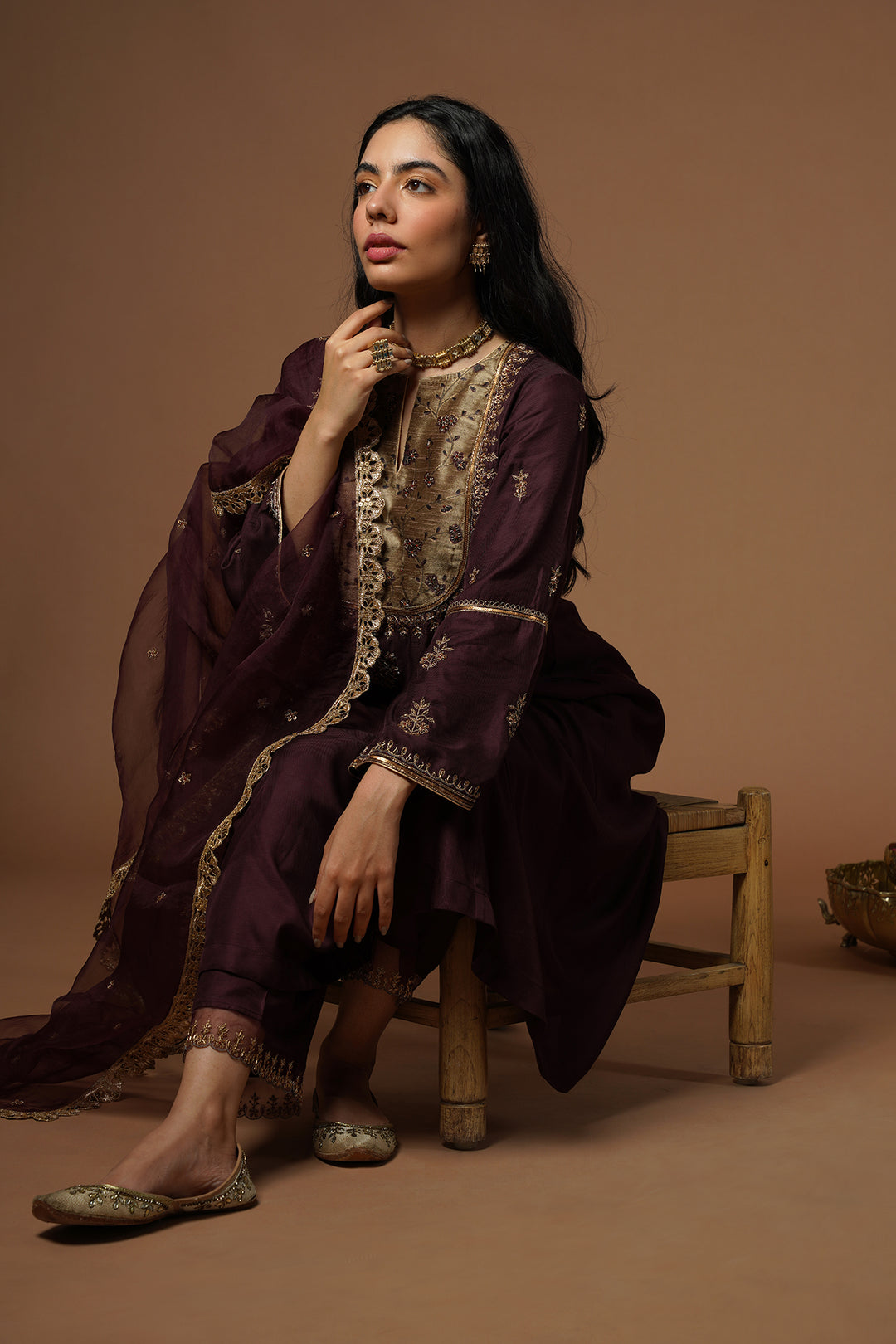 wine kalidar with embroidered velvet yoke and sleeves