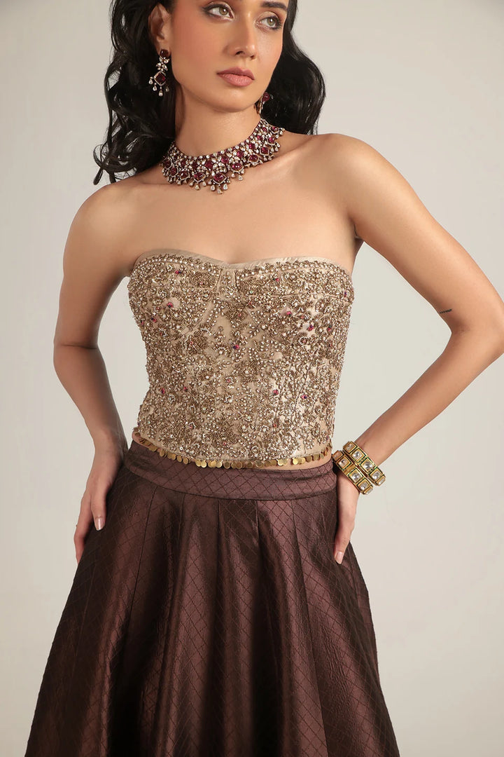 Zar-Rang Brown Corset Quilted Lehenga Set