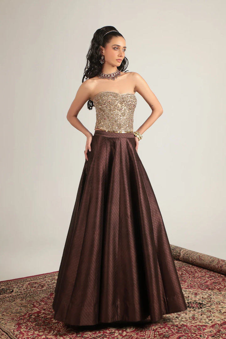 Zar-Rang Brown Corset Quilted Lehenga Set