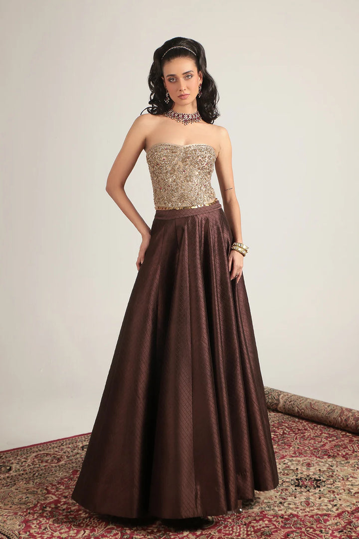 Zar-Rang Brown Corset Quilted Lehenga Set