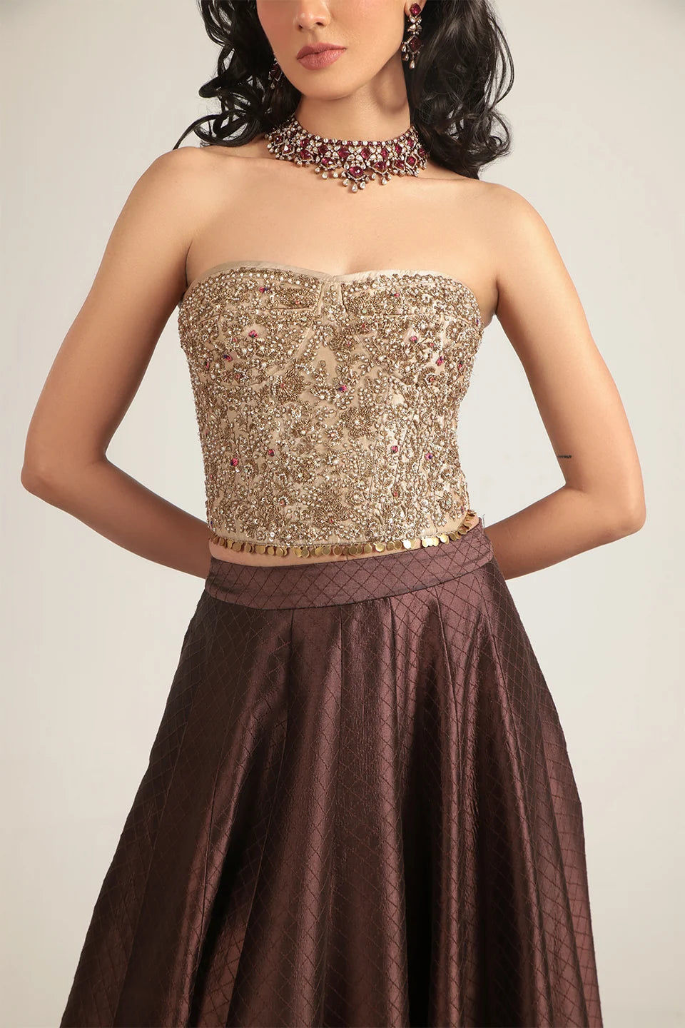 Zar-Rang Brown Corset Quilted Lehenga Set