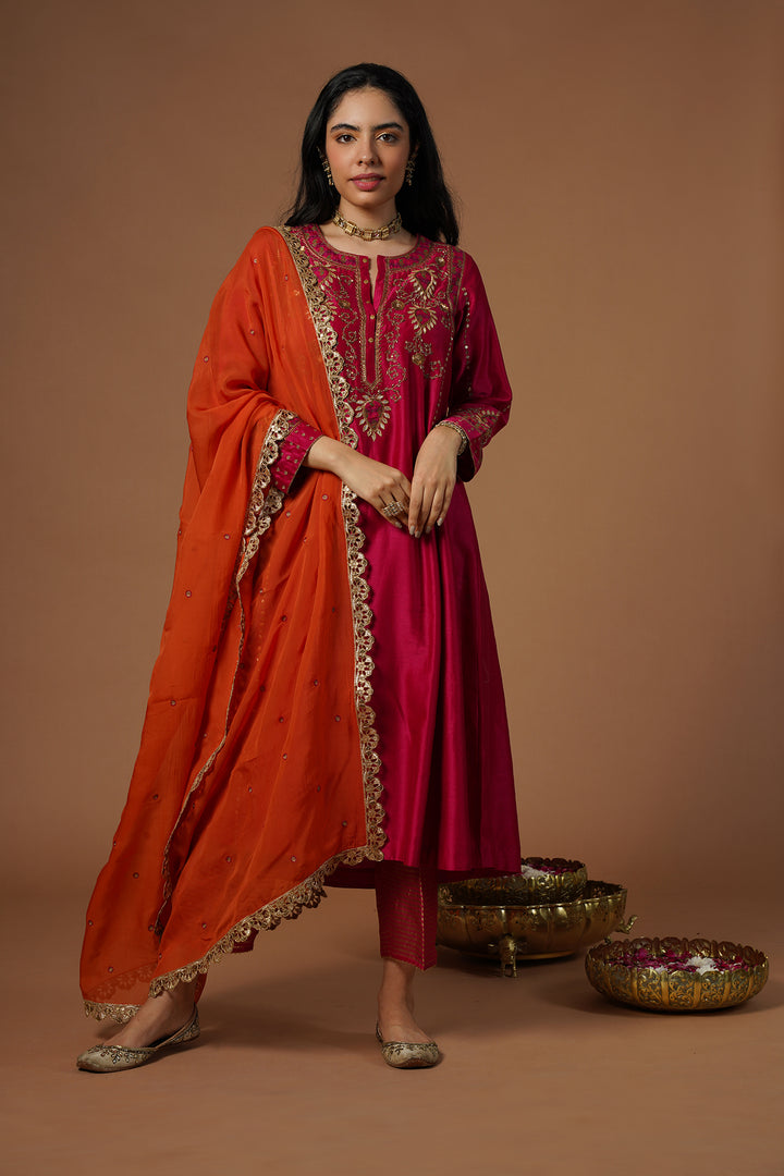 magenta brocade patch embroidered kalidaar kurta set