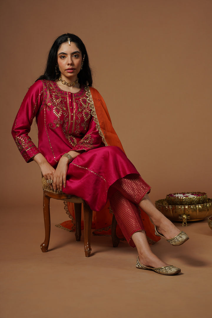 magenta brocade patch embroidered kalidaar kurta set