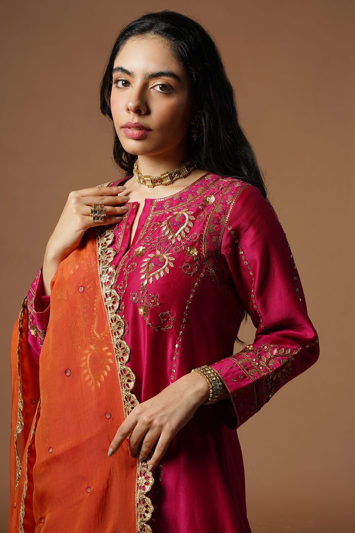 magenta brocade patch embroidered kalidaar kurta set