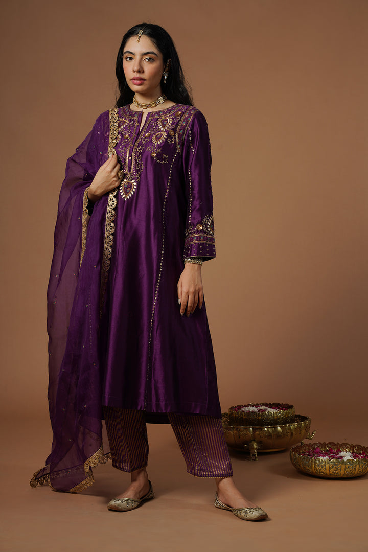 purple brocade patch embroidered kalidaar kurta set