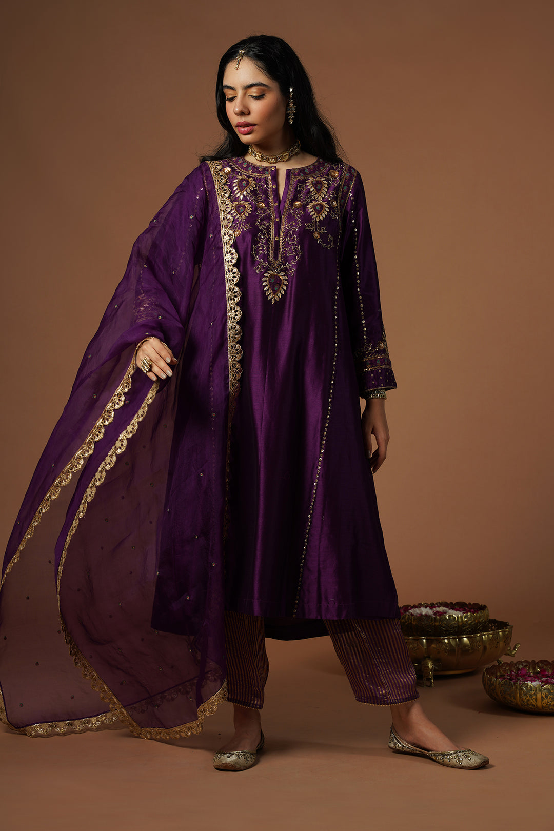 purple brocade patch embroidered kalidaar kurta set