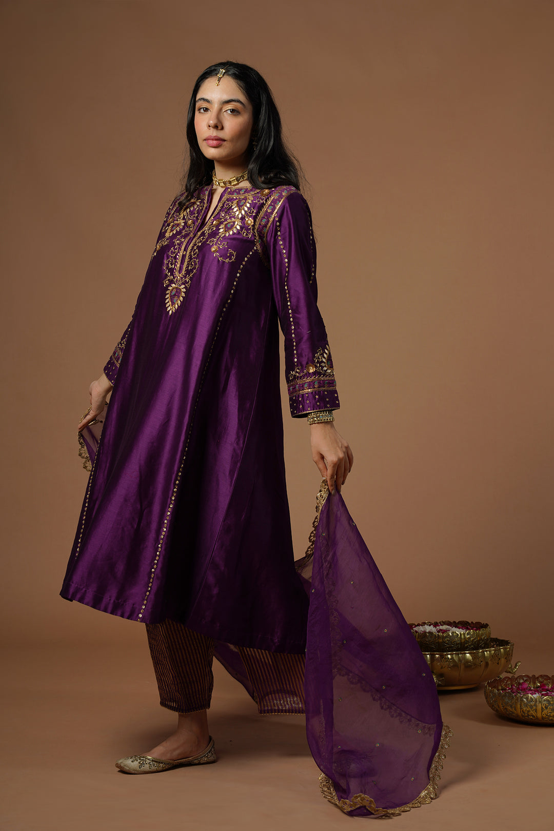 purple brocade patch embroidered kalidaar kurta set