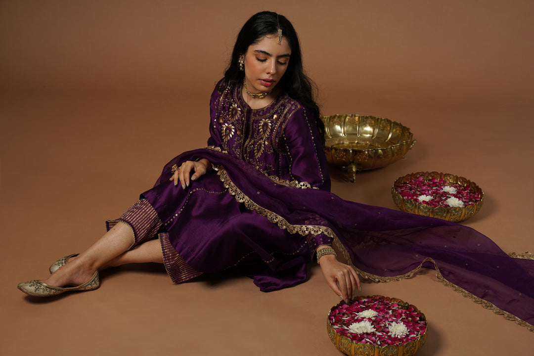 purple brocade patch embroidered kalidaar kurta set