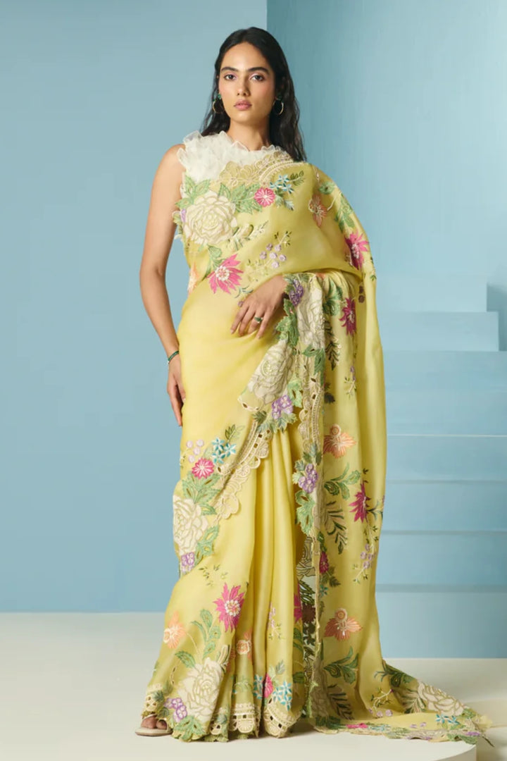 Butter Yellow Floral Applique Saree