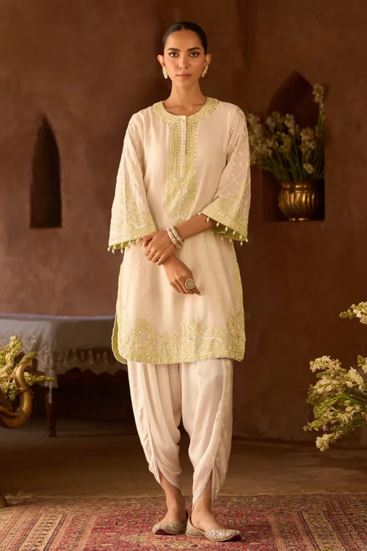 Ruhi - Daisy Ivory With Mint Green Short Kurta And Dhoti