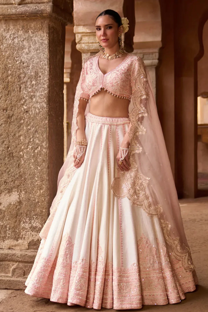 Sayeeda - Daisy Ivory With Pink Embroidered Lehenga
