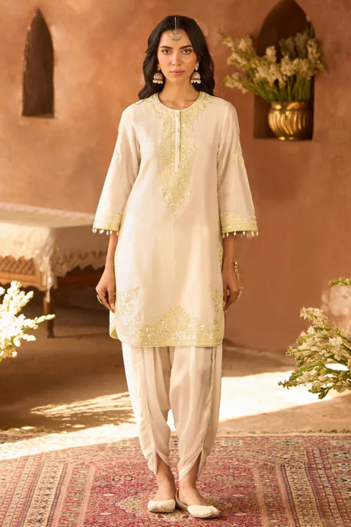 Nyra - Daisy Ivory With Mint Green Short Kurta And Dhoti
