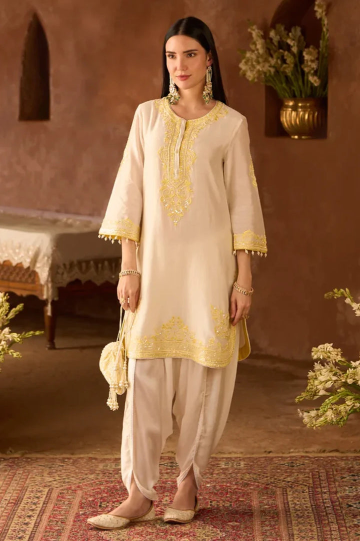 Nyra - Daisy Ivory With Lemon Yellow Short Kurta And Dhoti