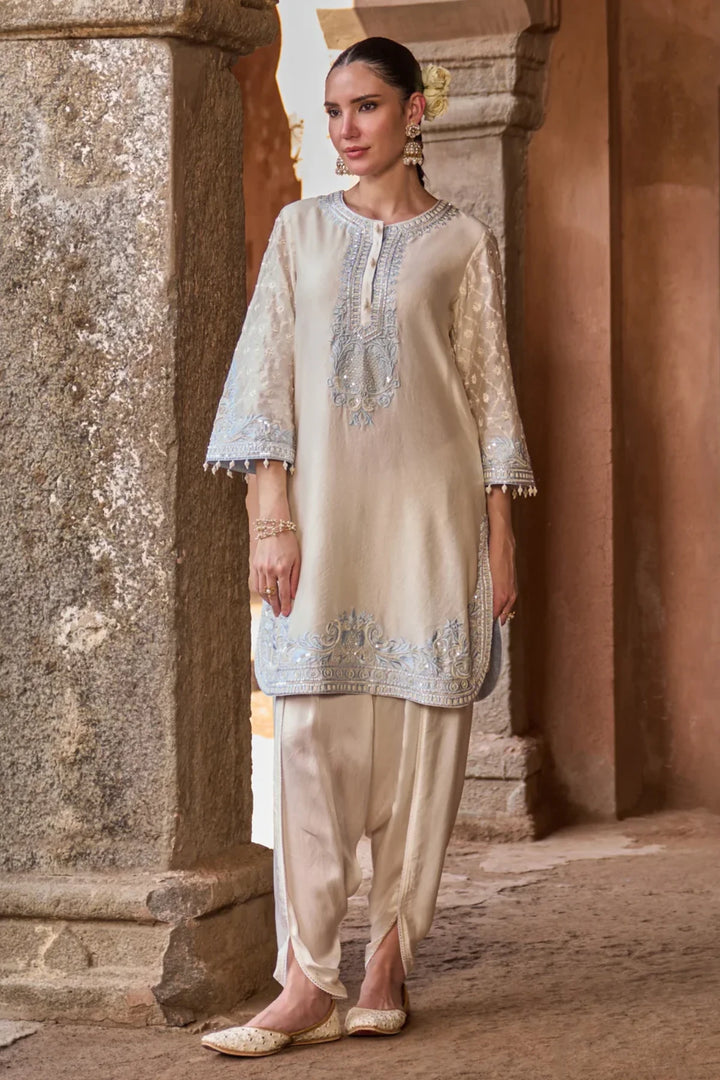 Ruhi - Daisy Ivory With Blue Short Kurta And Dhoti