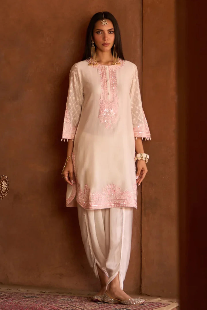 Ruhi - Daisy Ivory With Pink Short Kurta And Dhoti