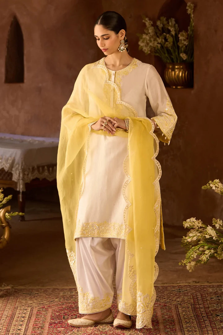 Hani - Daisy Ivory With Lemon Yellow A-line Kurta With Salwar And Dupatta