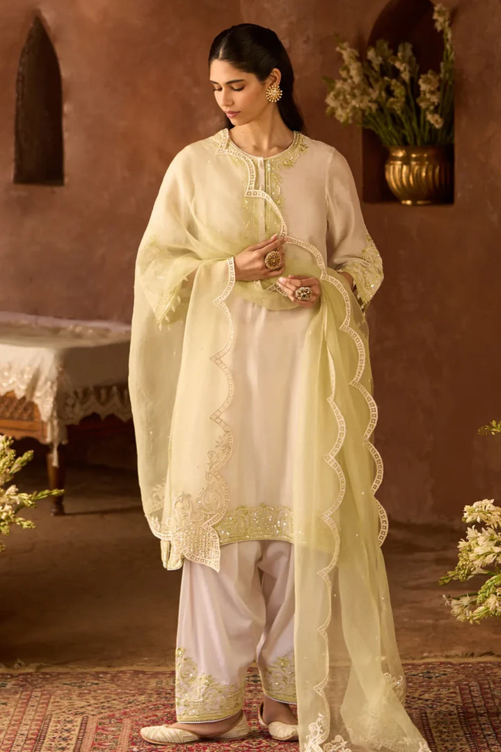 Hani - Daisy Ivory With Mint Green A-line Kurta With Salwar And Dupatta
