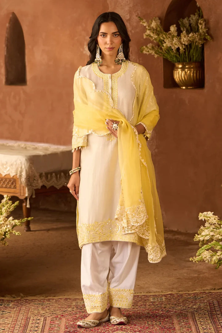 Anam - Daisy Ivory With Lemon Yellow A-line Kurta With Salwar And Dupatta