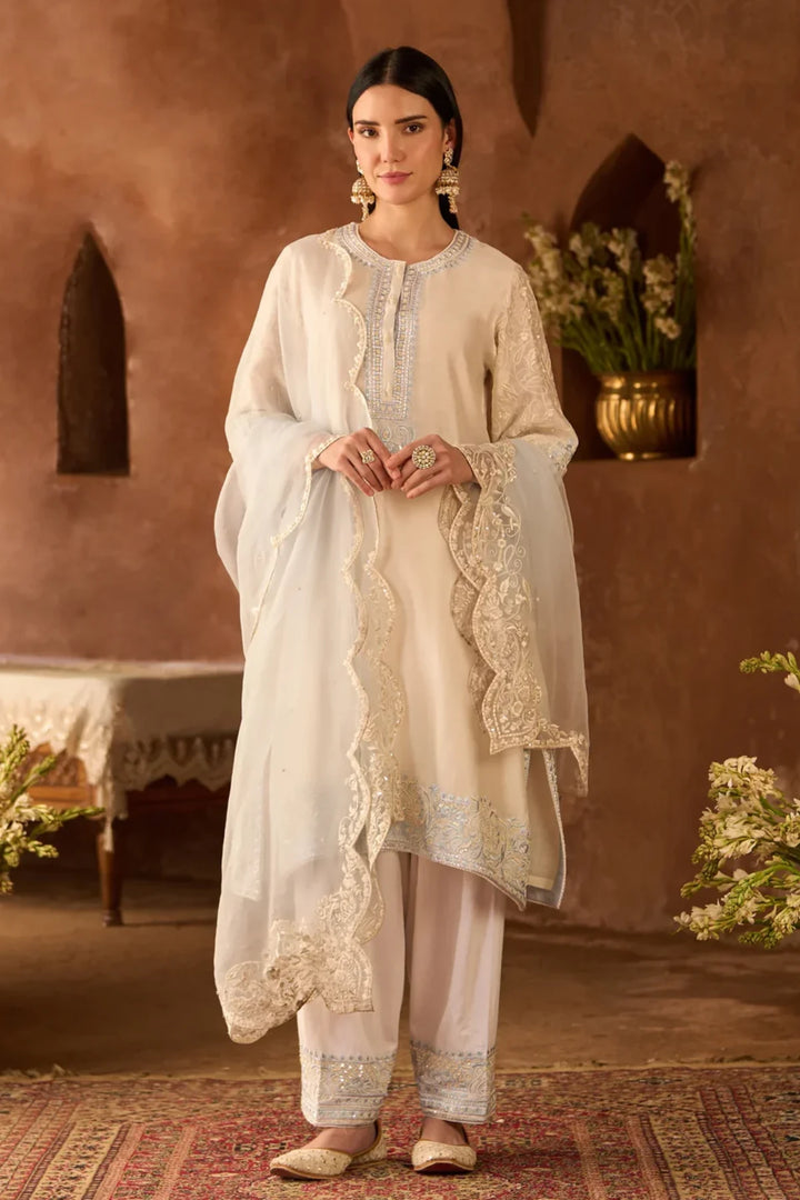 Anam - Daisy Ivory With Blue A-line Kurta With Salwar And Dupatta