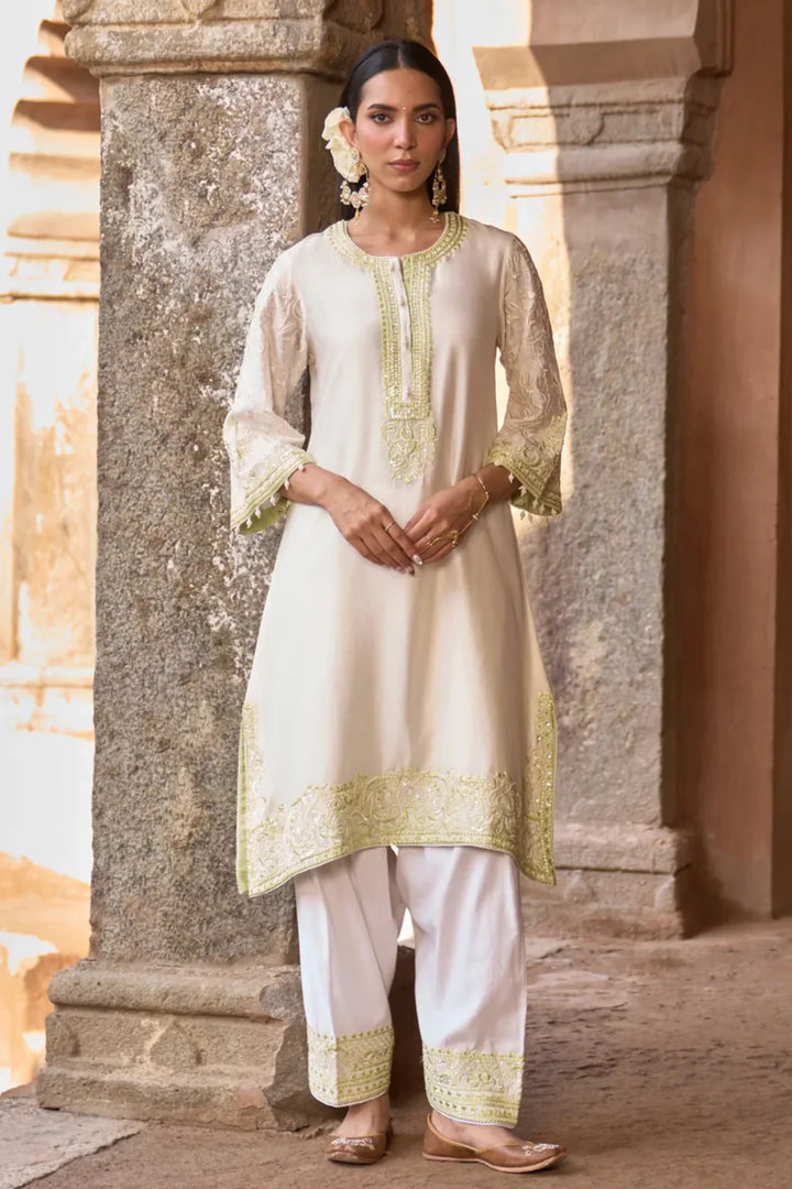 Anam - Daisy Ivory With Mint Green A-line Kurta With Salwar And Dupatta